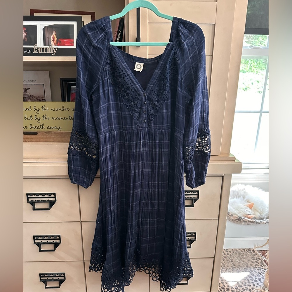 Source Unknown Navy Checkered Midi Dress with Lace Accents